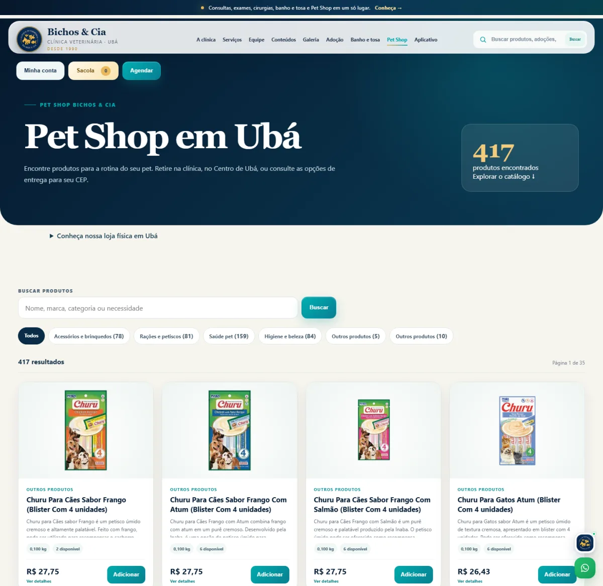 Pet Shop online da Bichos & Cia em Ubá, com busca, categorias e produtos para compra