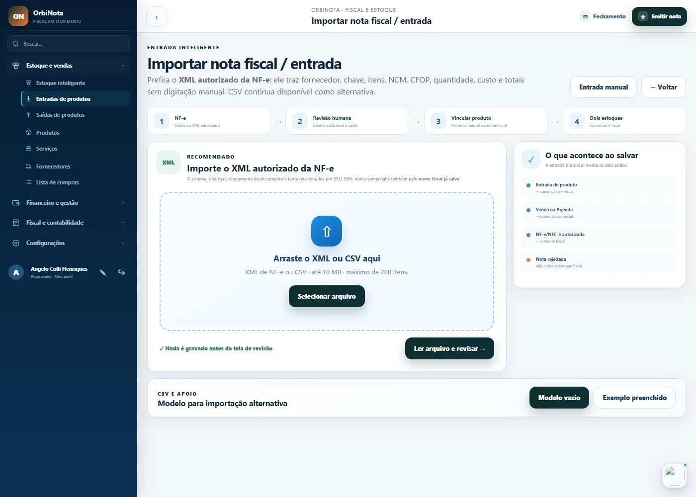 Tela de importação de XML de entrada, onde a nota do fornecedor vira estoque com custo e impostos preenchidos.