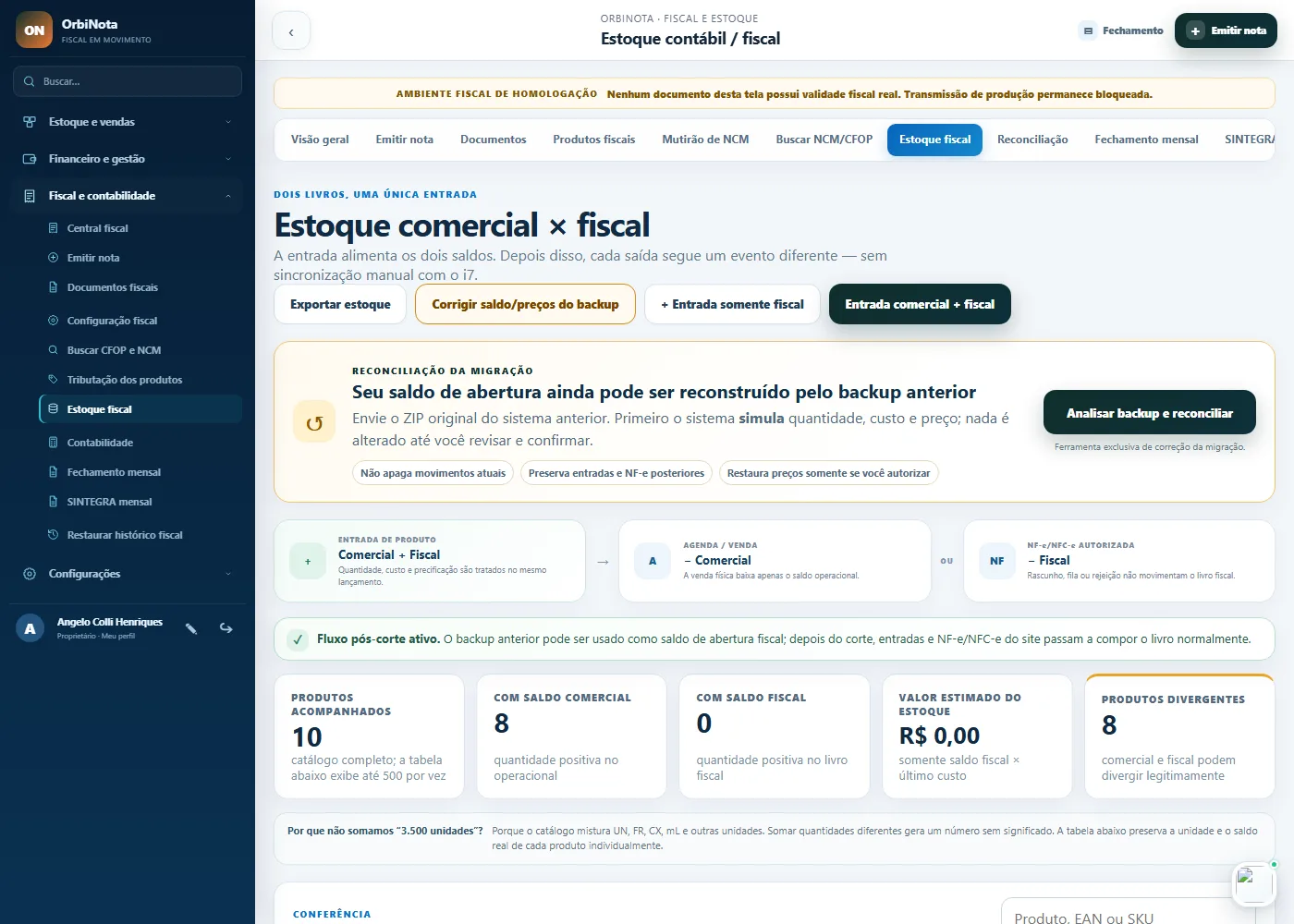 Tela de estoque fiscal, com saldos, movimentações e destaque para produtos com saldo negativo.