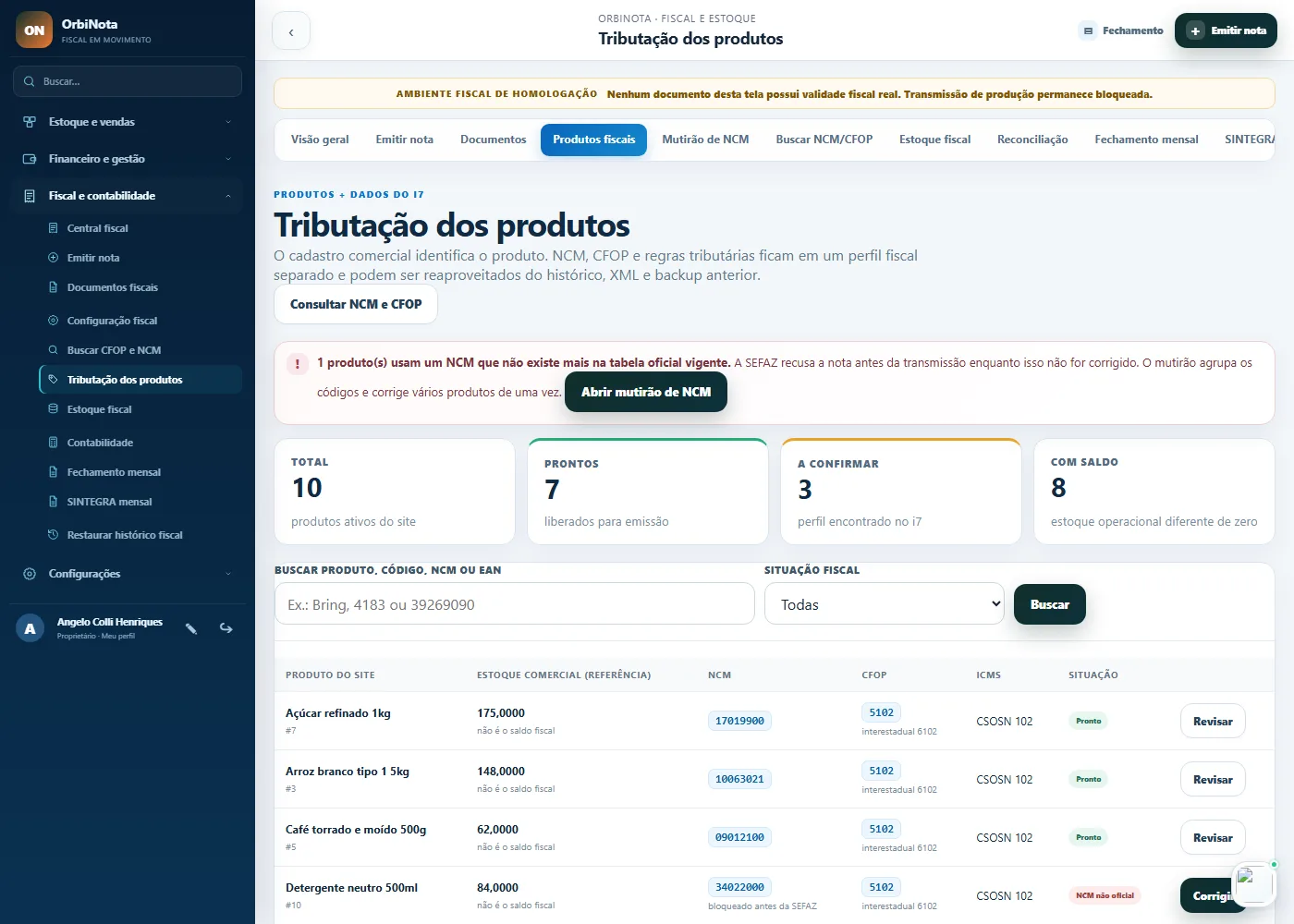Tela de tributação dos produtos, com contagem de produtos prontos para emissão, produtos a confirmar e alerta de NCM fora da tabela oficial.