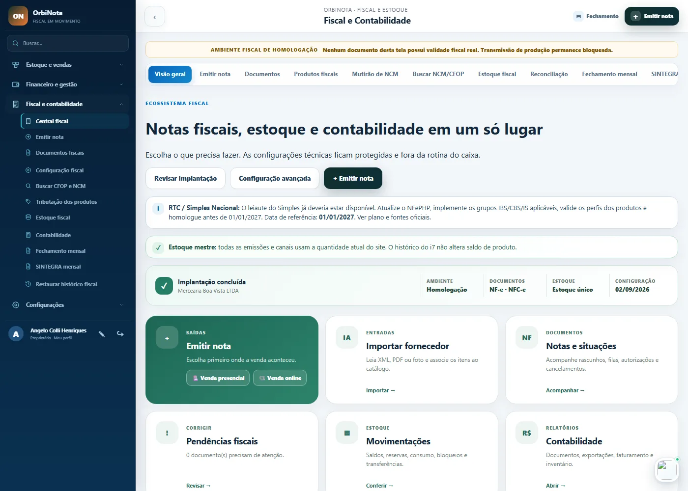 Central fiscal do OrbiNota: emitir nota, importar XML do fornecedor, acompanhar documentos, pendências fiscais, movimentações de estoque e contabilidade.
